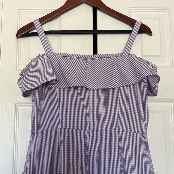 Women’s Donna Morgan Purple Blue Gingham Ruffle Off The Shoulder Dress Size 6 - Picture 8 of 9